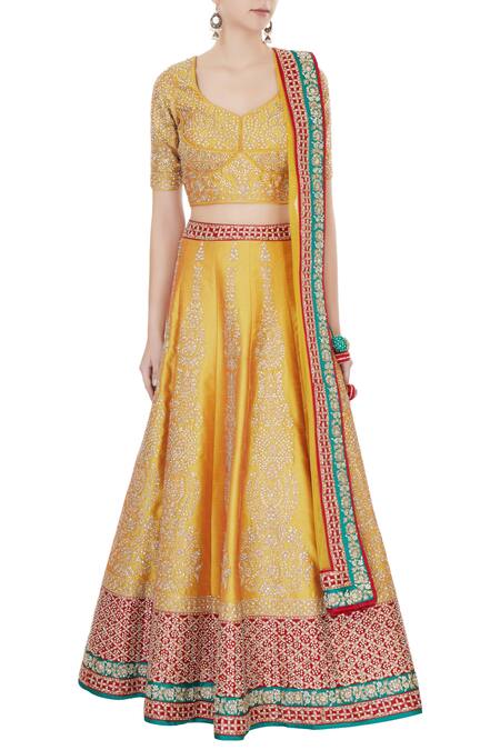 Shop Vandana Sethi Yellow Leaf Neck Embroidered Lehenga Set Online at Aza Fashions Shop_Vandana Sethi_Yellow Leaf Neck Embroidered Lehenga Set_Online_at_Aza_Fashions