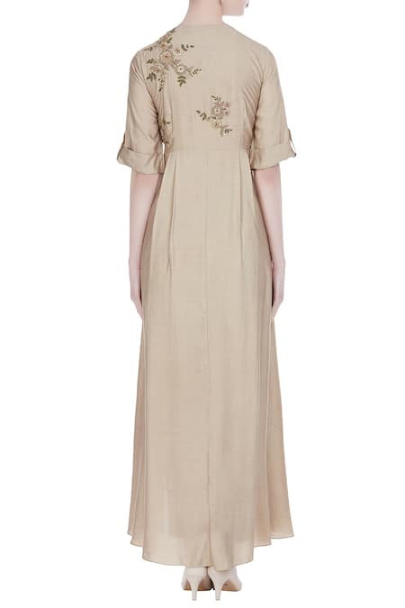 Shop Joy Mitra Beige Silk Blend Embroidered Zari And Thread Work Round Neck Tunic With Front Slit at Aza Fashions Shop_Joy Mitra_Beige Silk Blend Embroidered Zari And Thread Work Round Neck Tunic With Front Slit _at_Aza_Fashions