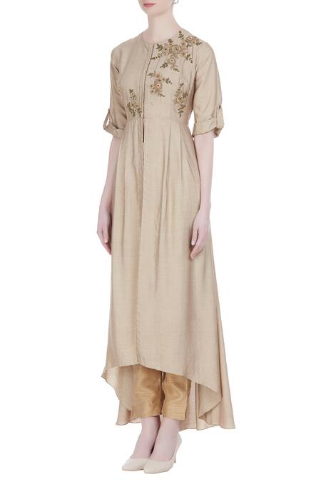 Buy Joy Mitra Beige Silk Blend Embroidered Zari And Thread Work Round Neck Tunic With Front Slit Online at Aza Fashions Buy_Joy Mitra_Beige Silk Blend Embroidered Zari And Thread Work Round Neck Tunic With Front Slit _Online_at_Aza_Fashions