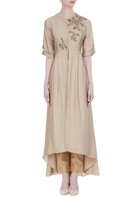 Shop Joy Mitra Beige Silk Blend Embroidered Zari And Thread Work Round Neck Tunic With Front Slit Online at Aza Fashions Shop_Joy Mitra_Beige Silk Blend Embroidered Zari And Thread Work Round Neck Tunic With Front Slit _Online_at_Aza_Fashions