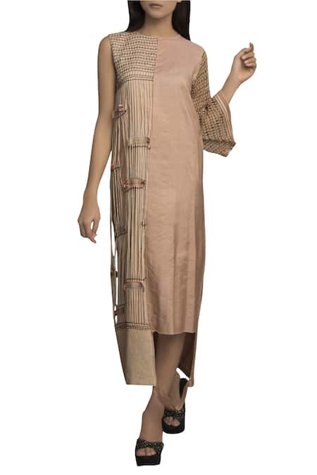 Priyam Narayan Brown Round Handloom Embroidered Dress For Women