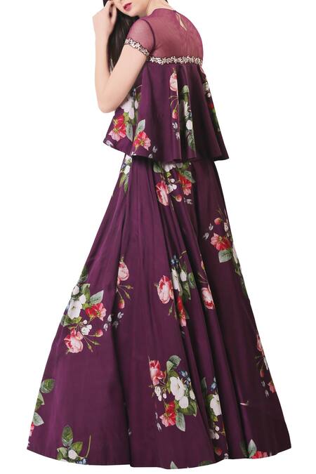 Shop_Mahima Mahajan_Purple Modal Satin Printed Floral Round Lehenga With Blouse_at_Aza_Fashions