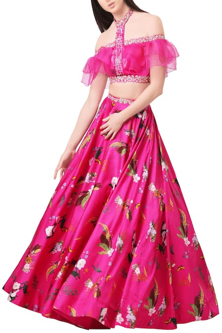 Mahima Mahajan Pink Modal Satin Printed Floral Halter Neck Lehenga With Off Shoulder Blouse 