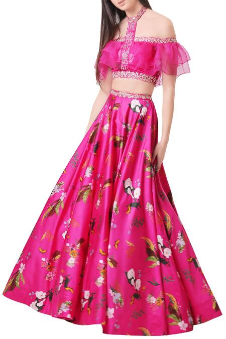 Mahima Mahajan_Pink Modal Satin Printed Floral Halter Neck Lehenga With Off Shoulder Blouse_Online_at_Aza_Fashions