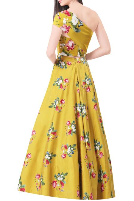 Shop Mahima Mahajan Yellow Modal Satin Printed Floral Motifs Blouse And Lehenga Set at Aza Fashions Shop_Mahima Mahajan_Yellow Modal Satin Printed Floral Motifs Blouse And Lehenga Set_at_Aza_Fashions