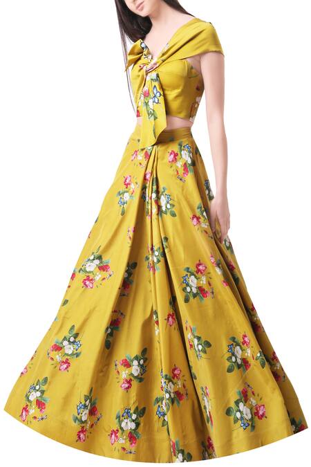 Mahima Mahajan Yellow Modal Satin Printed Floral Motifs Blouse And Lehenga Set Online at Aza Fashions Mahima Mahajan_Yellow Modal Satin Printed Floral Motifs Blouse And Lehenga Set_Online_at_Aza_Fashions