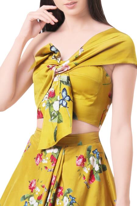 Buy Mahima Mahajan Yellow Modal Satin Printed Floral Motifs Blouse And Lehenga Set Online at Aza Fashions Buy_Mahima Mahajan_Yellow Modal Satin Printed Floral Motifs Blouse And Lehenga Set_Online_at_Aza_Fashions