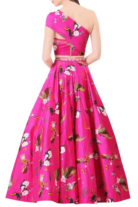 Shop Mahima Mahajan Pink Modal Satin Printed Floral Motifs Blouse And Lehenga Set at Aza Fashions Shop_Mahima Mahajan_Pink Modal Satin Printed Floral Motifs Blouse And Lehenga Set_at_Aza_Fashions