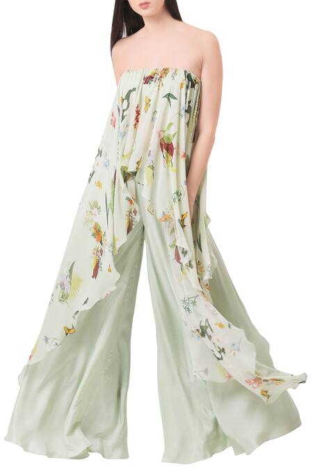 Mahima Mahajan Green Georgette Printed Floral Tube Off-shoulder Blouse For Women