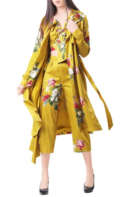 Mahima Mahajan Yellow Modal Satin Printed Floral Motifs Trench Coat For Women