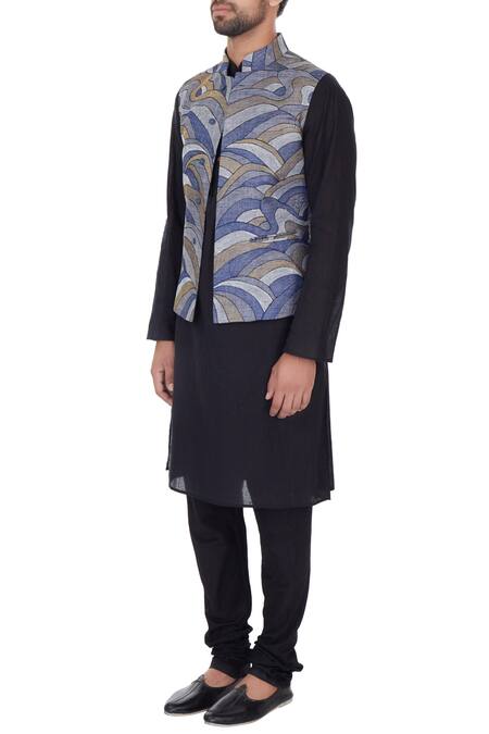 Buy_Narendra Kumar_Grey Linen Embroidered Abstract Bundi  _Online_at_Aza_Fashions