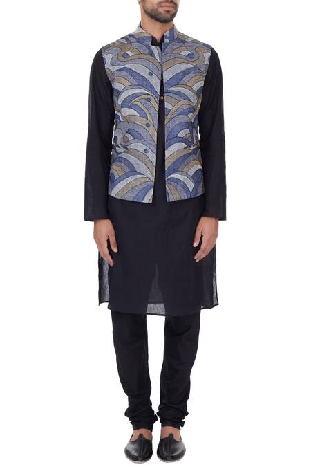 Shop_Narendra Kumar_Grey Linen Embroidered Abstract Bundi  _Online_at_Aza_Fashions