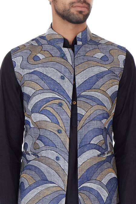 Narendra Kumar_Grey Linen Embroidered Abstract Bundi  _at_Aza_Fashions
