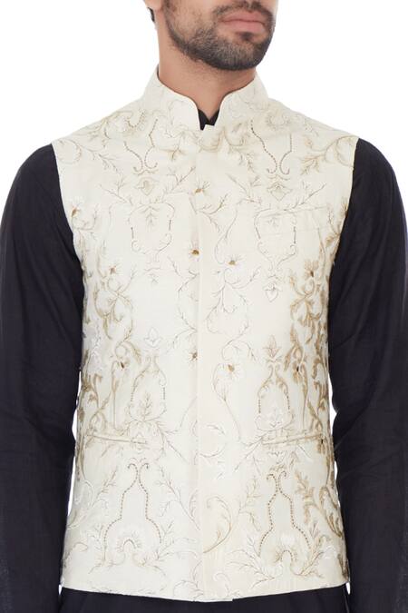 Narendra Kumar_Beige Linen Embroidered Bundi  _at_Aza_Fashions