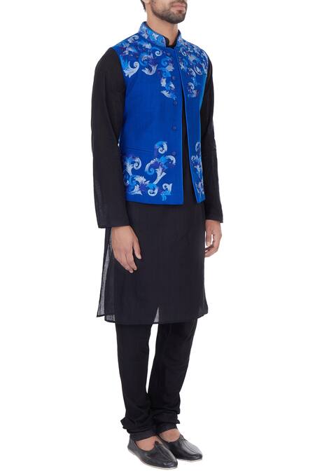 Narendra Kumar_Blue Matka Silk Embroidered Thread Work Bundi  _Online_at_Aza_Fashions