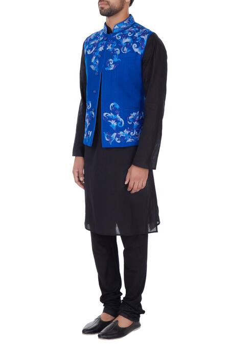 Buy_Narendra Kumar_Blue Matka Silk Embroidered Thread Work Bundi  _Online_at_Aza_Fashions