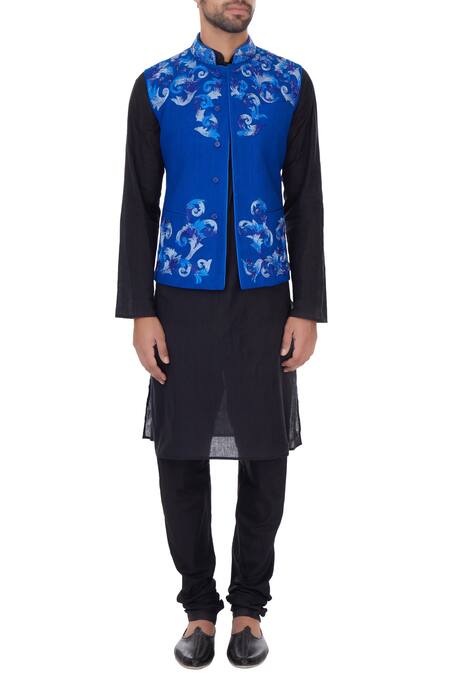 Shop_Narendra Kumar_Blue Matka Silk Embroidered Thread Work Bundi  _Online_at_Aza_Fashions