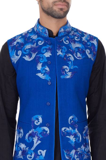 Narendra Kumar_Blue Matka Silk Embroidered Thread Work Bundi  _at_Aza_Fashions