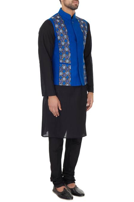 Narendra Kumar_Blue Matka Silk Embroidered Bundi  _Online_at_Aza_Fashions