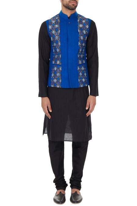 Shop_Narendra Kumar_Blue Matka Silk Embroidered Bundi  _Online_at_Aza_Fashions