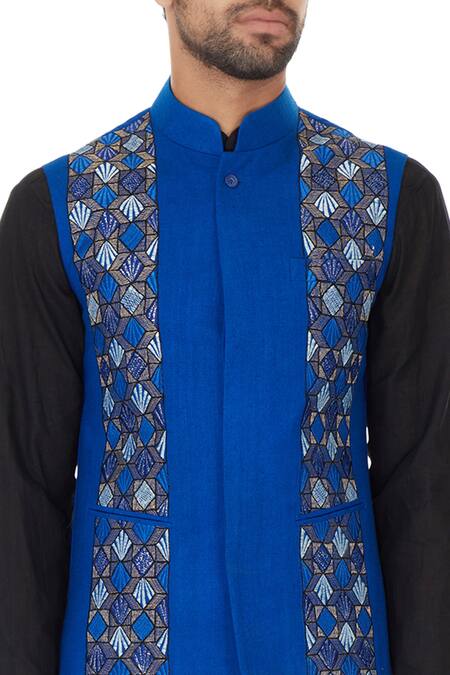 Narendra Kumar_Blue Matka Silk Embroidered Bundi  _at_Aza_Fashions