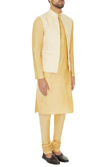 Narendra Kumar_Beige Linen Printed Bundi And Kurta Set  _Online_at_Aza_Fashions