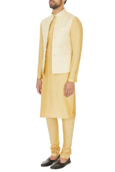 Buy_Narendra Kumar_Beige Linen Printed Bundi And Kurta Set  _Online_at_Aza_Fashions