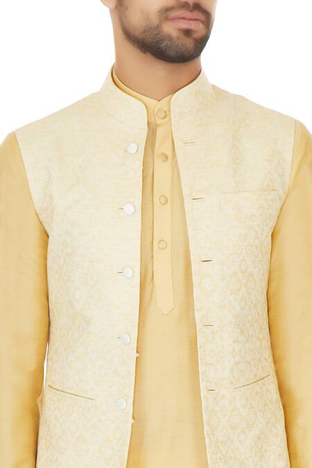 Narendra Kumar_Beige Linen Printed Bundi And Kurta Set  _at_Aza_Fashions