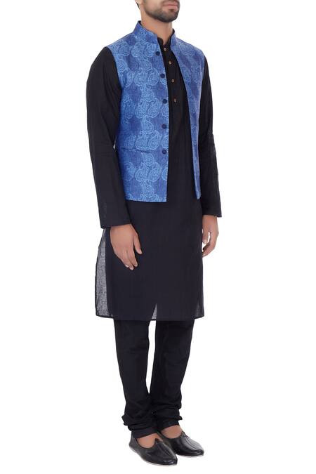 Narendra Kumar_Blue Linen Printed Paisley Motifs Bundi  _Online_at_Aza_Fashions