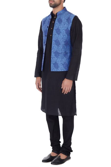 Buy_Narendra Kumar_Blue Linen Printed Paisley Motifs Bundi  _Online_at_Aza_Fashions