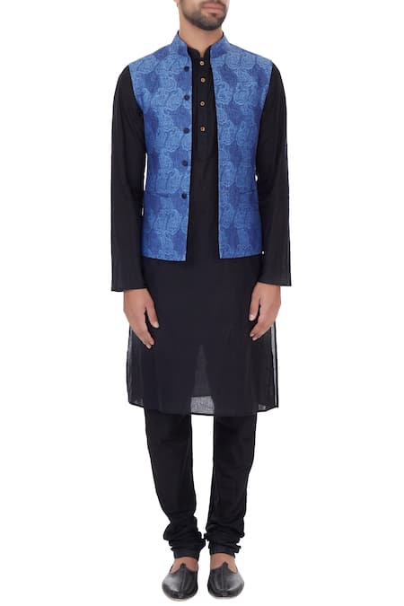 Shop_Narendra Kumar_Blue Linen Printed Paisley Motifs Bundi  _Online_at_Aza_Fashions