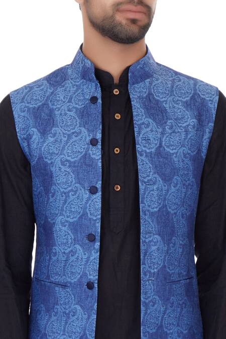 Narendra Kumar_Blue Linen Printed Paisley Motifs Bundi  _at_Aza_Fashions