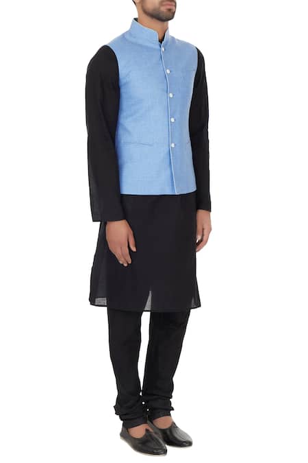 Narendra Kumar_Blue Linen Printed Checks Chequered Bundi  _Online_at_Aza_Fashions