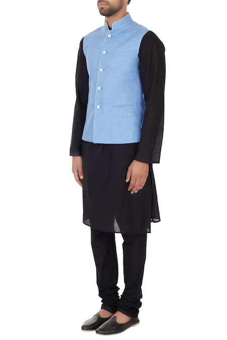 Buy_Narendra Kumar_Blue Linen Printed Checks Chequered Bundi  _Online_at_Aza_Fashions
