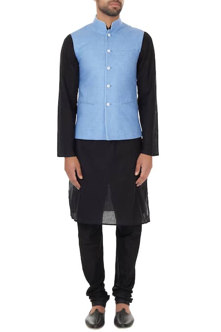 Shop_Narendra Kumar_Blue Linen Printed Checks Chequered Bundi  _Online_at_Aza_Fashions