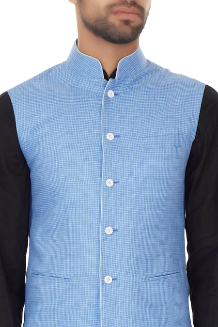 Narendra Kumar_Blue Linen Printed Checks Chequered Bundi  _at_Aza_Fashions