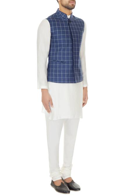 Narendra Kumar_Blue Linen Printed Checks Chequered Bundi And Kurta Set  _Online_at_Aza_Fashions