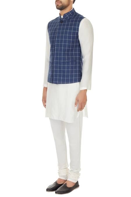 Buy_Narendra Kumar_Blue Linen Printed Checks Chequered Bundi And Kurta Set  _Online_at_Aza_Fashions