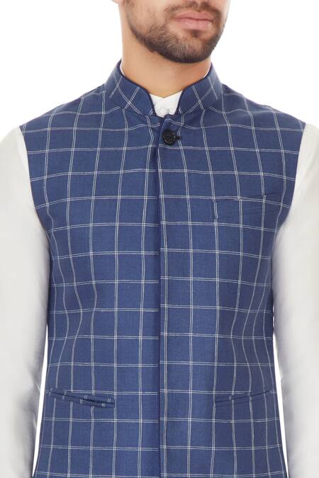 Narendra Kumar_Blue Linen Printed Checks Chequered Bundi And Kurta Set  _at_Aza_Fashions