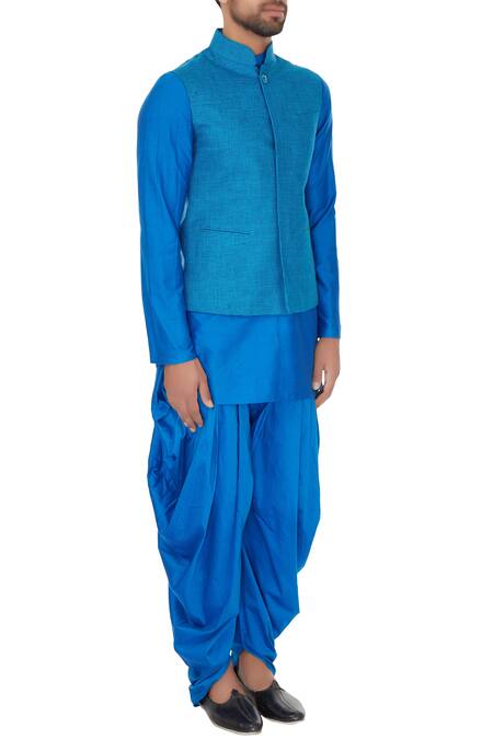 Narendra Kumar_Blue Linen Printed Checks Chequered Bundi And Kurta Set  _Online_at_Aza_Fashions