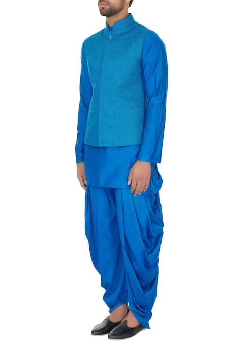 Buy_Narendra Kumar_Blue Linen Printed Checks Chequered Bundi And Kurta Set  _Online_at_Aza_Fashions