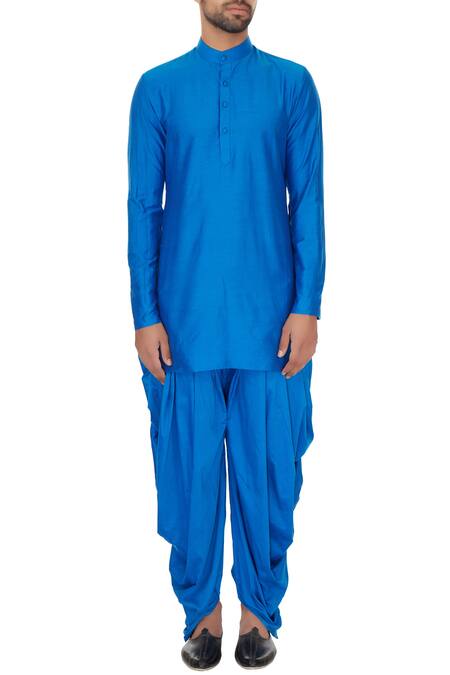 Shop_Narendra Kumar_Blue Linen Printed Checks Chequered Bundi And Kurta Set  _Online_at_Aza_Fashions