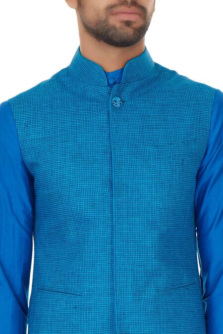 Narendra Kumar_Blue Linen Printed Checks Chequered Bundi And Kurta Set  _at_Aza_Fashions