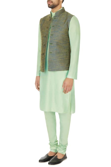 Buy Narendra Kumar Green Linen Plain Bundi And Kurta Set Online at Aza Fashions Buy_Narendra Kumar_Green Linen Plain Bundi And Kurta Set _Online_at_Aza_Fashions