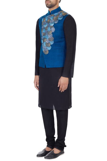 Buy_Narendra Kumar_Blue Matka Silk Embroidered Bundi  _Online_at_Aza_Fashions