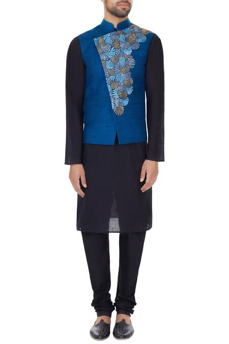 Shop_Narendra Kumar_Blue Matka Silk Embroidered Bundi  _Online_at_Aza_Fashions