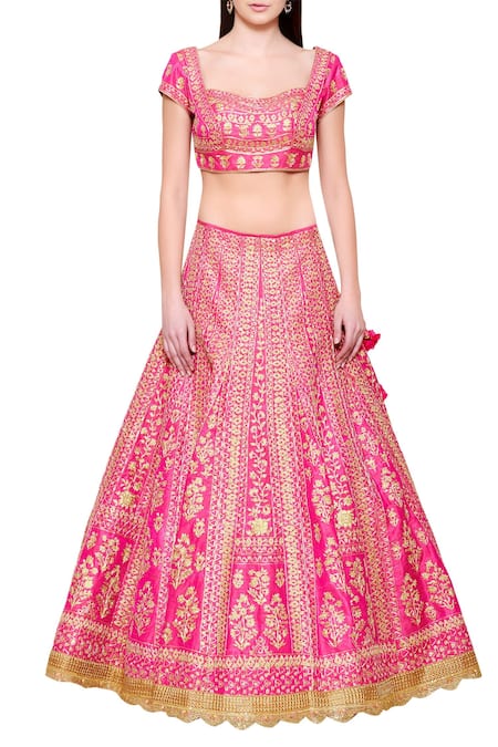 Buy_Shyam Narayan Prasad_Pink U Neck Embroidered Bridal Lehenga Set _Online_at_Aza_Fashions