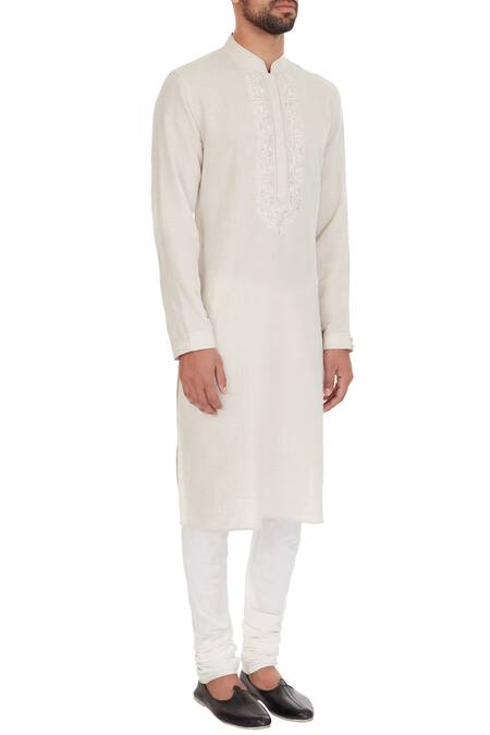 Vanshik_White Linen Embroidered Kurta Set _Online_at_Aza_Fashions