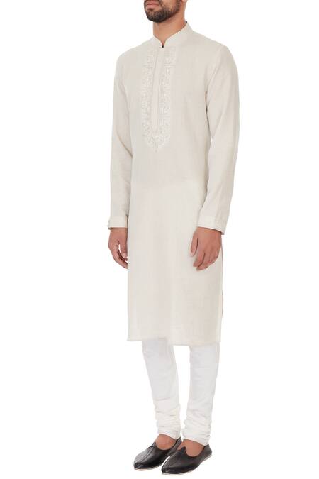Buy_Vanshik_White Linen Embroidered Kurta Set _Online_at_Aza_Fashions