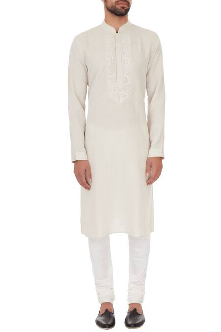 Shop_Vanshik_White Linen Embroidered Kurta Set _Online_at_Aza_Fashions